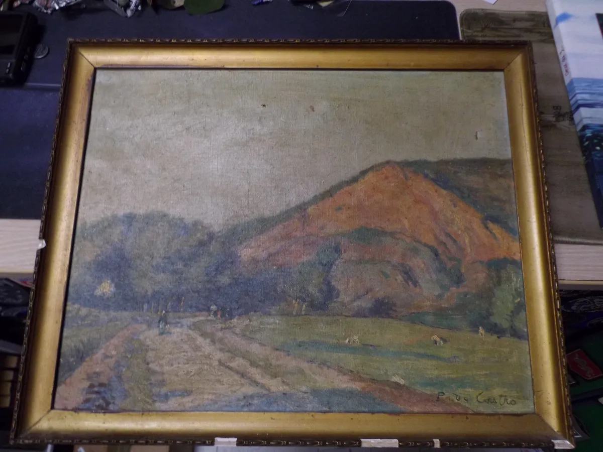 Rare: Tableau ancien d'un paysage de Paul de Castro - peinture - à restaurer