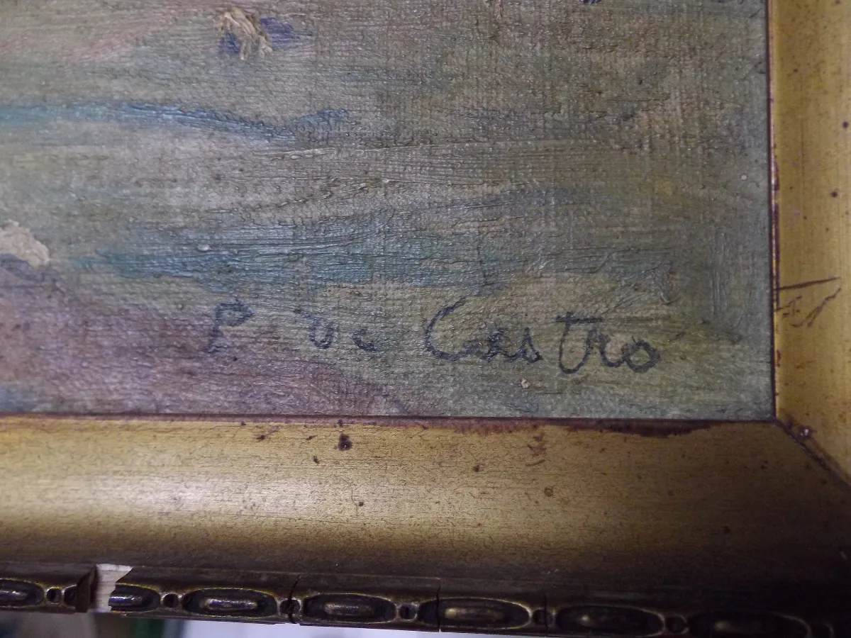 Rare: Tableau ancien d'un paysage de Paul de Castro - peinture - à restaurer vue 2